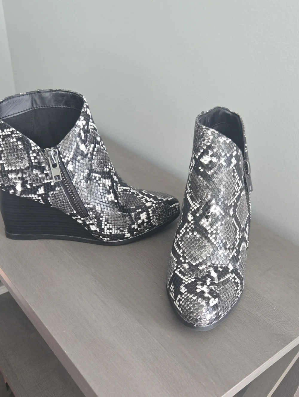 Snake-Print Ankle Boots in Black & White